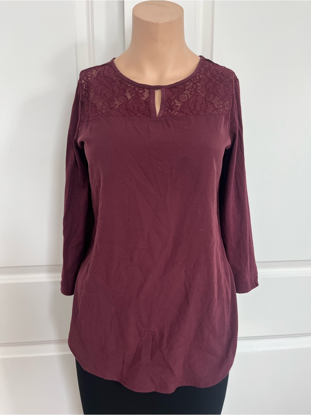 Van Heusen Lace Yoke Keyhole Long Sleeve Top - Wine